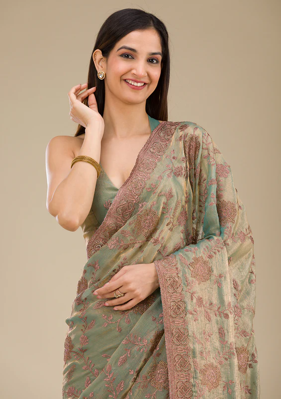 Pista Green Threadwork Tissue Saree